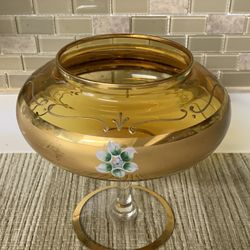 VINTAGE MID CENTURY BLOWN GLASS GOILD TONE FLORAL DESIGN CANDY BOWL