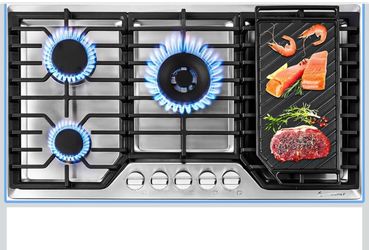 AMZCHEF 36 inch Gas Cooktop with 5 Made in Italy SABAF Power Burners.Max 48300 BTU/hr Built-in Gas Stove top of 304 Stainless steel with Double Sided 