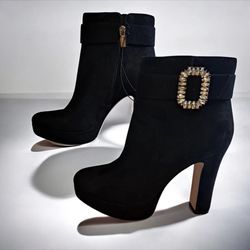 NEW JESSICA SIMPSON EDAINA Embellished Buckle Platform Bootie Boots Black 8 