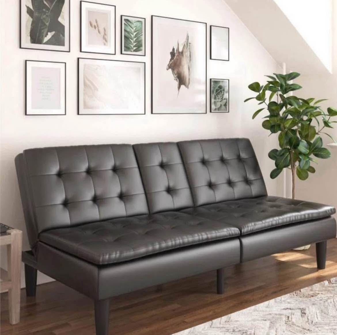 Memory Foam Futon with Cupholder and USB, Black Faux Leather