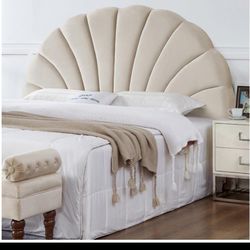 NEW Crown Design Queen Headboard, Upholstered Soft Velvet Petal Pattern Headboard Queen/Full-Beige