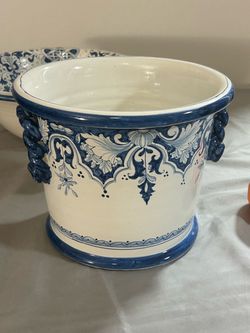 Large Italian Ceramic Jardiniere Cachepot – Blue & White – 11”