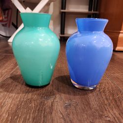 2 vintage mid-century cased-glass hand-blown vases, distinct inner white layer (opaline/milk glass cased in teal/aqua and blue), perfect condition.
