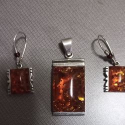 Amber And Sterling Silver Earrings And Pendant.