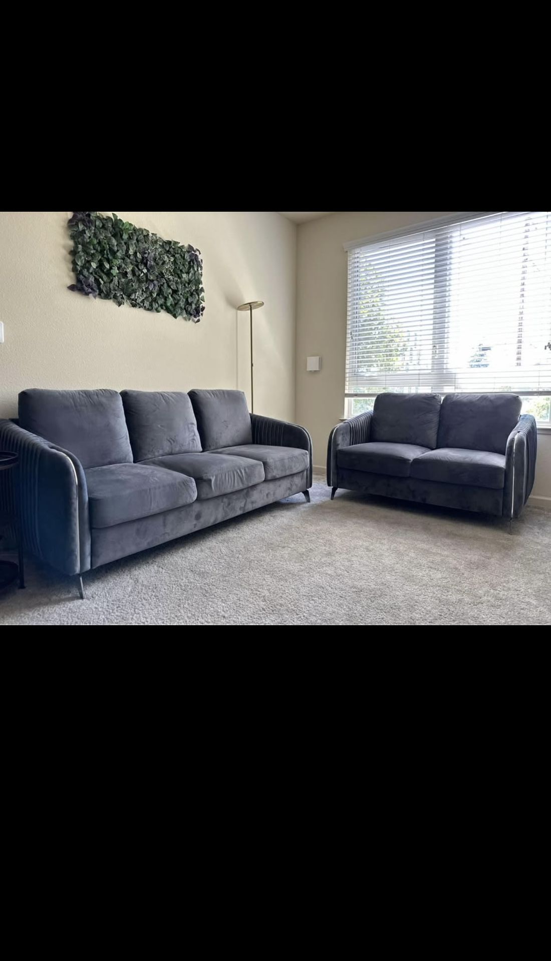 Hathaway Gray Velvet Fabric Sofa Loveseat Living Room Set - 3 + 2 Seater