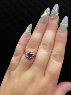 Yellow Gold Oval Amethyst & Diamond Halo Ring — Size 6