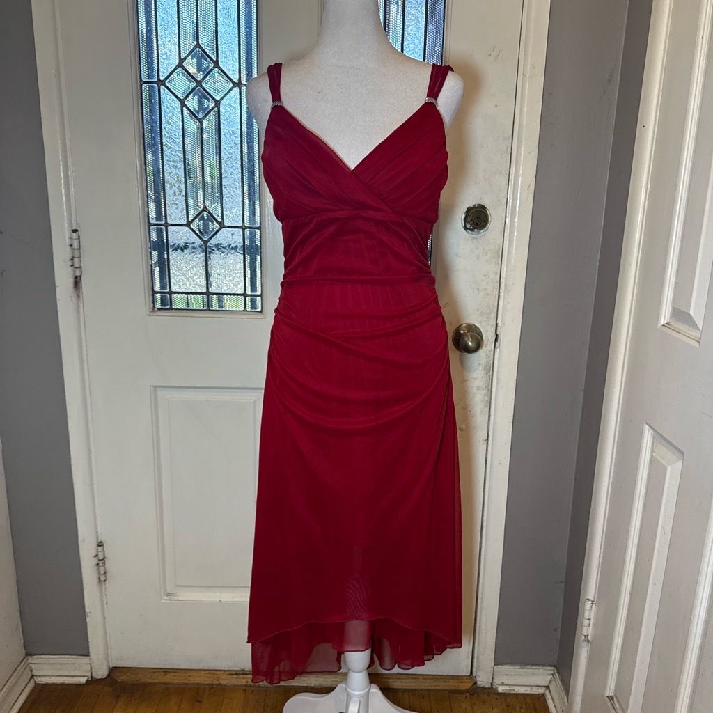 Scarlett Nite Y2K Cherry Red Mesh Midi Dress Rhinestone Strap Formal Party Dress