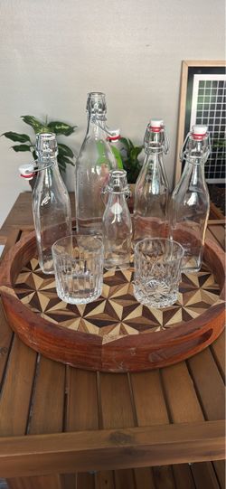 Glass bottles and whiskey glasses