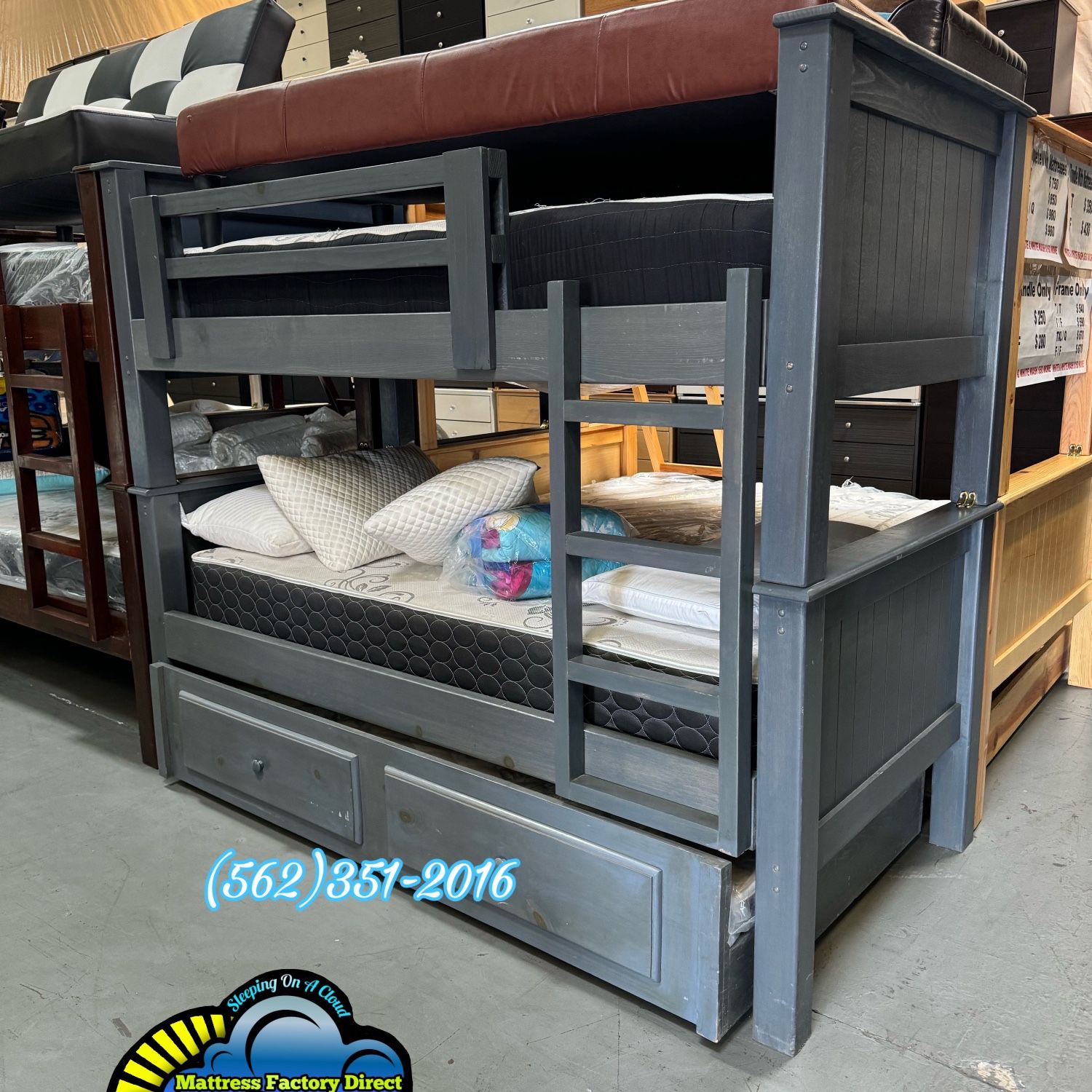 New Twin / Twin / Twin Grey Heavy Duty Wood Litera Bunk Bed Complete With Mattresses Colchones 