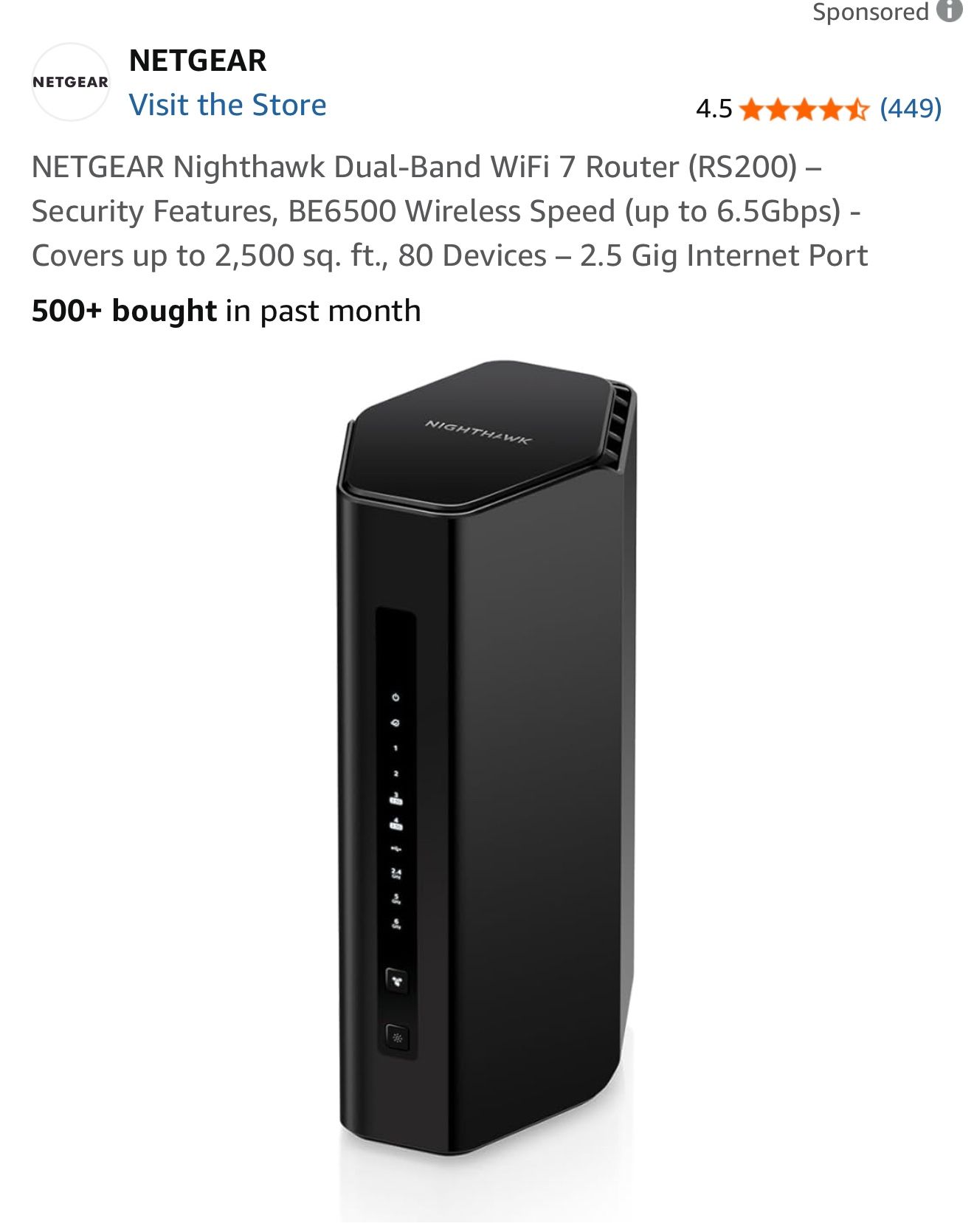 NETGEAR Nighthawk Dual-Band WiFi 7 Router (RS200) – Security Features, BE6500 Wireless Speed (up to 6.5Gbps)
