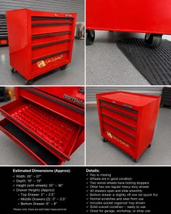 West Boca Raton pick up. Tool box with wheels. 4 drawers + 1 top smaller. Used condition but overall very strong and healthy shape. No keys.