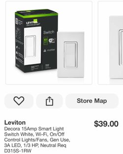Leviton Decora 15Amp Smart Light Switch White, Wi-Fi, On/Off Control Lights/Fans, Gen Use, 3A LED, 1/3 HP, Neutral Req D315S-1RW
