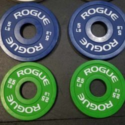 Pair Of Rogue 5 Pound Change Plates And 2 Pairs Of Rogue 2 1/2 Pound Change Plates 