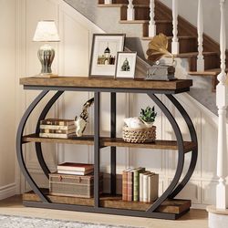 Tribesigns 41.3" Console Table, Industrial 3-Tier Entryway Table with Arched Metal Frame and Storage Shelves for Living Room, Hallway, Rustic Brown