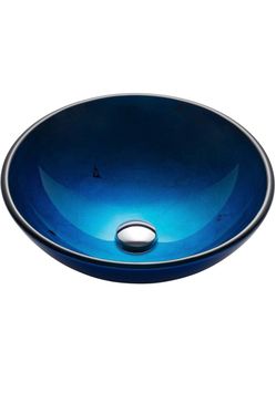 KRAUS Round Blue Glass Vessel Bathroom Sink