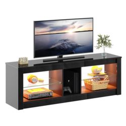 Bestier TV Stand for TVs up to 60" Entertainment Center with LED Lights Storage Shelves Modern High Gloss Console Table, Black