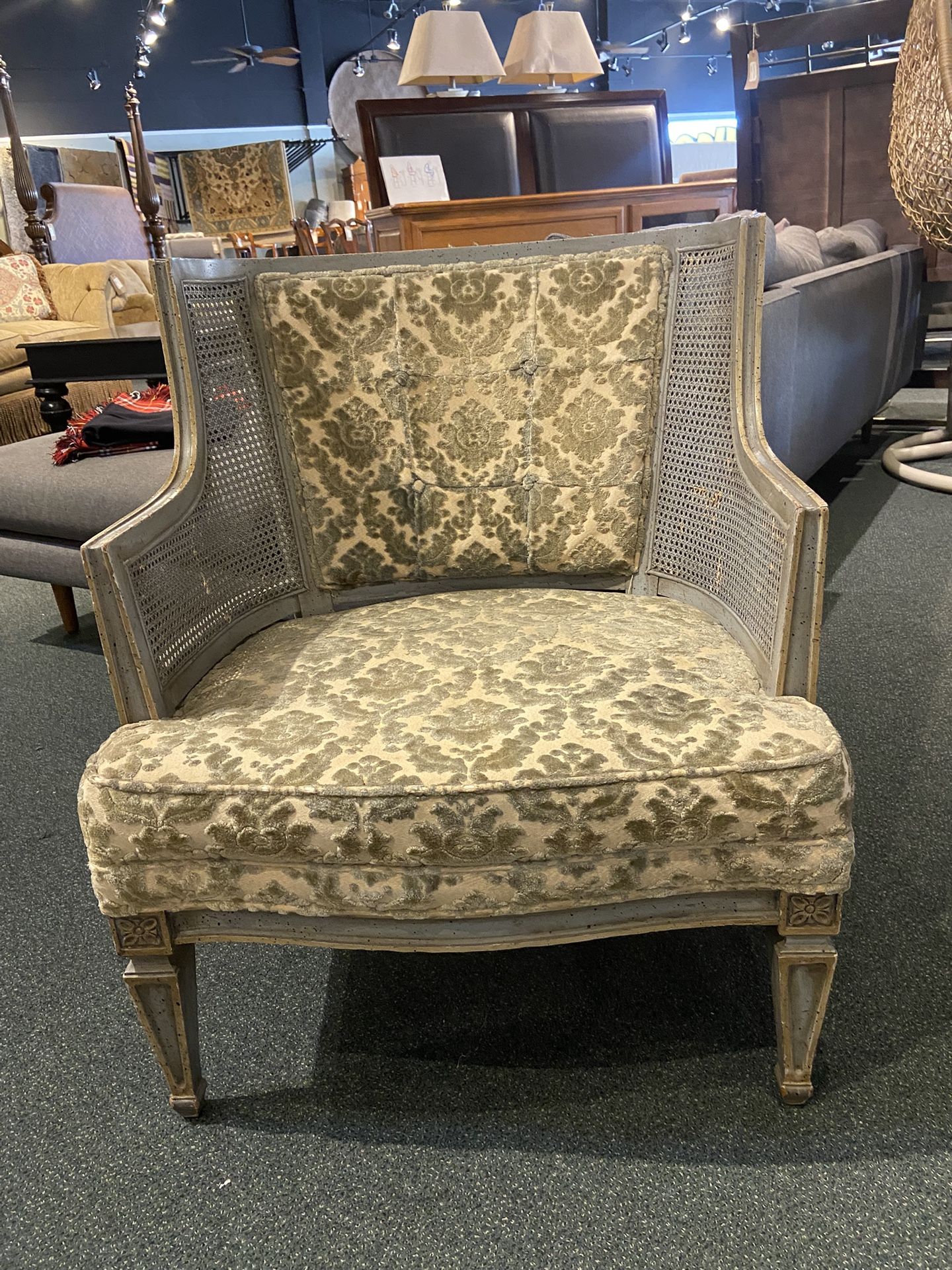 ACCENT CHAIR :Green "Caning Flocked Bergere" Accent Chair SKU  VL987X