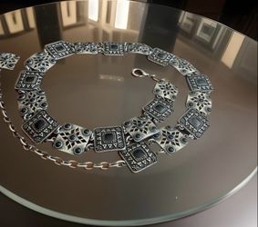 Vintage Filigree Style Silver Black Enamel Panel Belt, Open work Textured Link