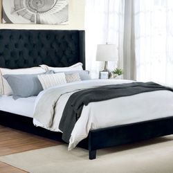 Brand New Black Velvet Wingback Queen Size Bed Frame