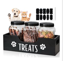 Dog Treat Container, Wood Dog Food Storage Holder with 3 Plastic Treat Jars, Farmhouse Food Cat Treat Container, Pet Food Container for Cat, Small Ani