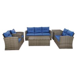 6-Piece Wicker Outdoor Patio Conversation Set with Blue Cushions Includes: 2-club chairs, 1-loveseat, one 3-seat sofa, 2-coffee tables Chat set mater