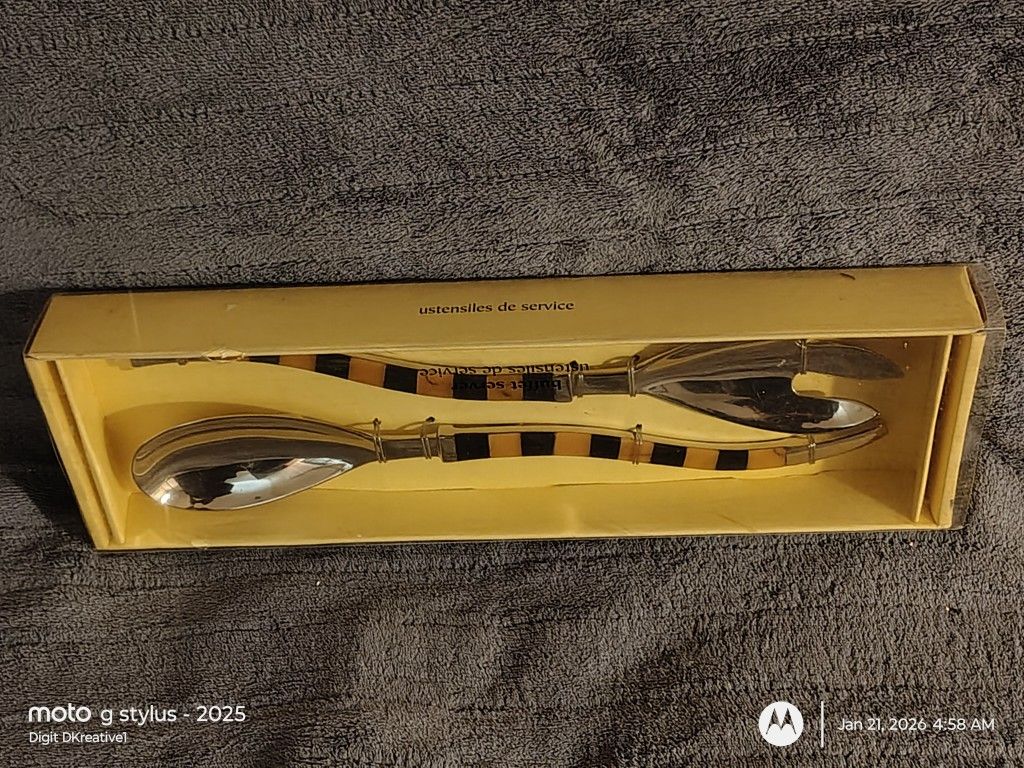 Elegant Vintage Silver & Striped Buffet Server Utensil Set By Pier 1 Imports