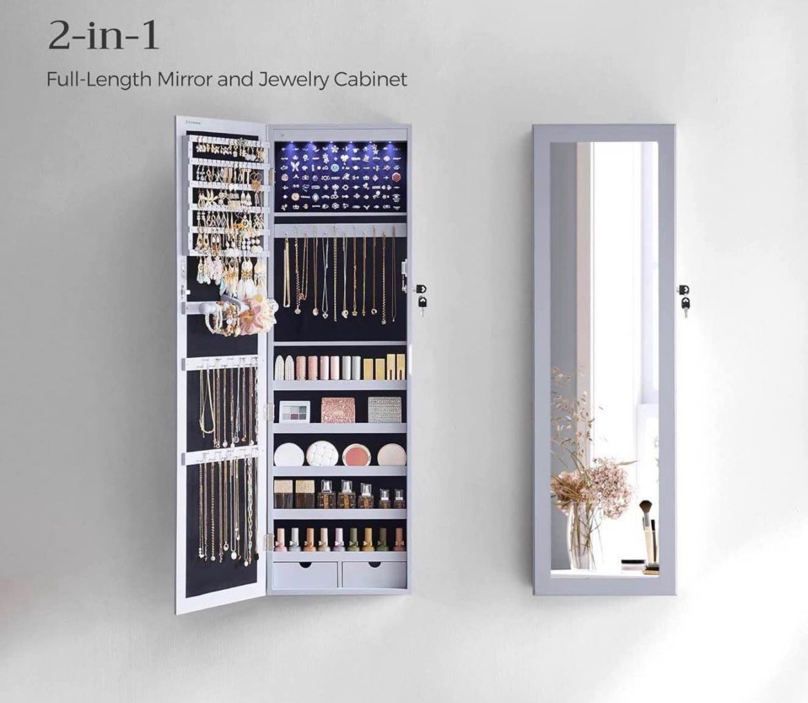 6 LEDs Mirror Jewelry Cabinet, 47.2-Inch Tall Lockable Wall or Door Mounted Jewelry Armoire Organizer with Mirror, 2 Drawers, Christmas Gi