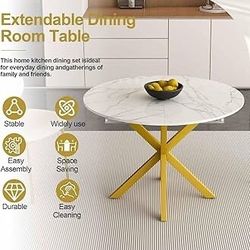 Modern Marble-Look Extendable Dining Table with Gold X-Base, Round to Oval 42-59", White MDF Top, Seats 4-6, Smooth Corners for Small Apartments, Kitc