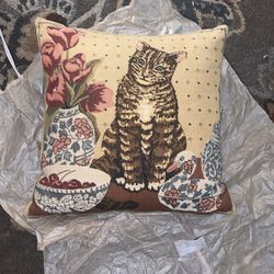 Vintage Tapestry Tabby Cat Throw Pillow Kitten Country Cottagecore Cute 12x12”