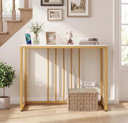Console table with charging station, golden narrow entrance table
