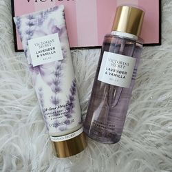 Set of 2 Victoria's Secret Lavender & Vanilla Relax Fragrance Mist 8.4 oz & Body Lotion 8 oz. SMELLS SO GOOD! Botanical Inspiration. Blissful Comfort.