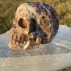 Crazy Lace, Mexican Agate Skull Carving// Druzy Pockets 