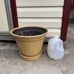 Fiberglass Planter Pot w/ Attached Saucer 15”W x 12”H  Lightweight