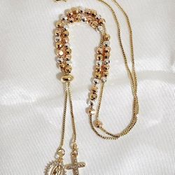 Cross And Virgen 18k CZ Necklace / Collar bañado en Oro De 14k