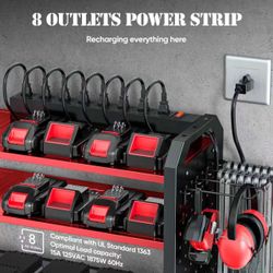 32”Power Tool Organizer with Charging Station Wall Mount, Built in 8 Outlet Surge Protection Red/Black
