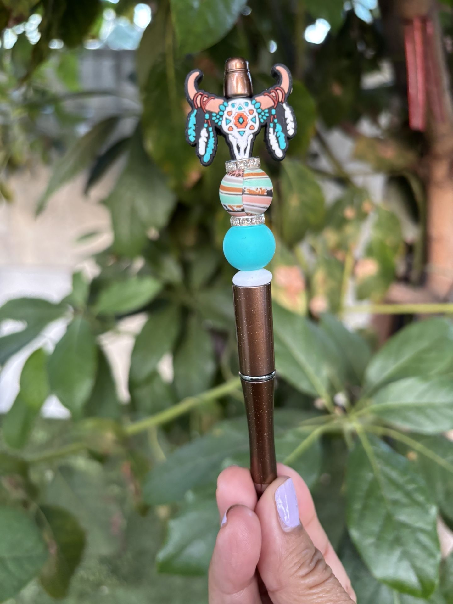 Boho Turquoise Beaded Pen with Tribal Skull Charm