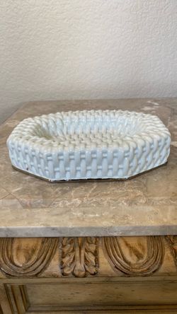 Vintage Italian White Ceramic Woven Basket Bowl