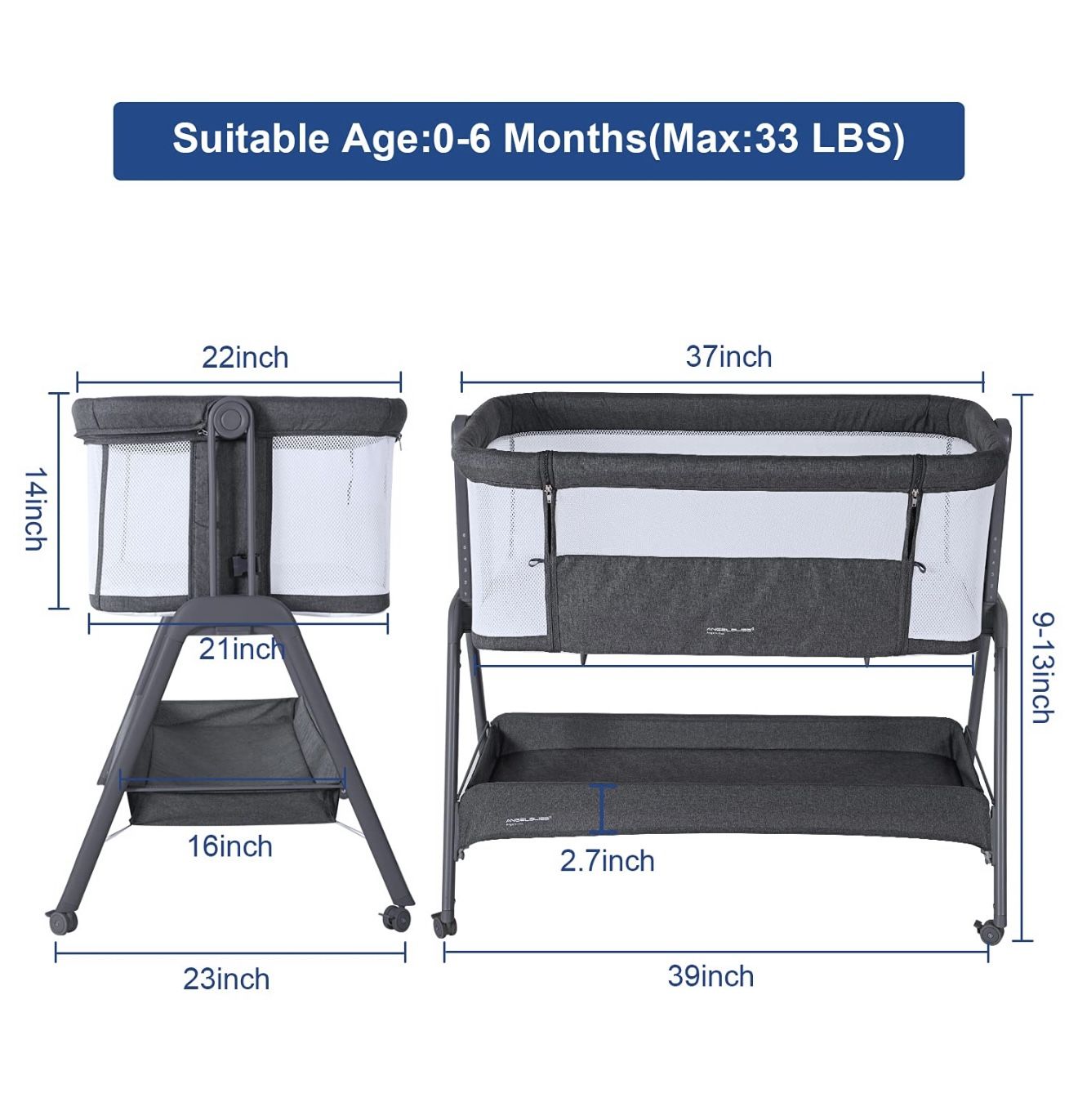Baby Bassinet Bedside Crib with Storage Wheels Folding Bed Side Sleeper Adjustable Heigh Newborn