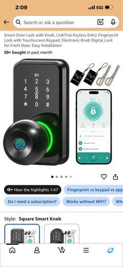 Smart Door Lock with Knob, LinkThai Keyless Entry Fingerprint Lock with Touchscreen Keypad
