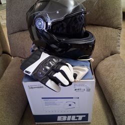 BILT NOMAD Modular Helmet LG in gloss black. AND  With BILT leather Carbon Fiber Gloves. COMBO PRICE! $150.00