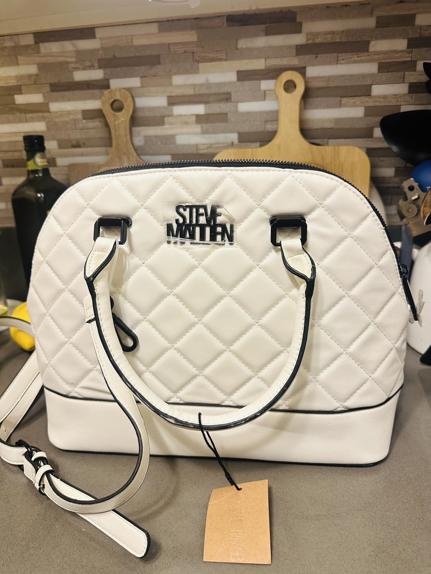 Women's White and Black Steve Madden Large Brelli Quilted Smooth Tote Bag