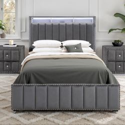 Brand New Grey Queen Bed Frame w Two Nightstands 