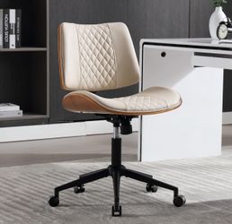 New Modern Home Office Chair No Arms with Wheels, Adjustable Height Small Desk Chair, PU Leather Mid Back 360 Swivel Computer Chair, Armless Modern Wa