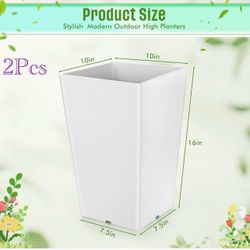 🥨2Pcs 16 Inch Large Taper Planters Outdoor Indoor Tall Resin Flower Pots with Drainage Holes Modern for Front Porch Patio Backyard Plants,White