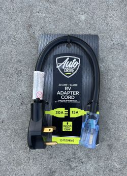 Power Cord-RV Adapter Cord, at 1.5 Ft Long, 30 AMP to 15 AMP, Built in Power Indicator Light. “BRAND NEW” by Auto Drive.