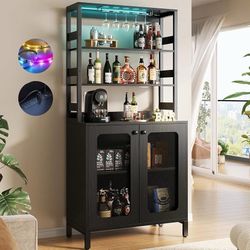 Bar Cabinet with Power Outlets, 67" Tall Wine Bar Cabinet Liquor Cabinets with LED Lights and Glass Holder, Coffee Bars Station for Living Room, Micro