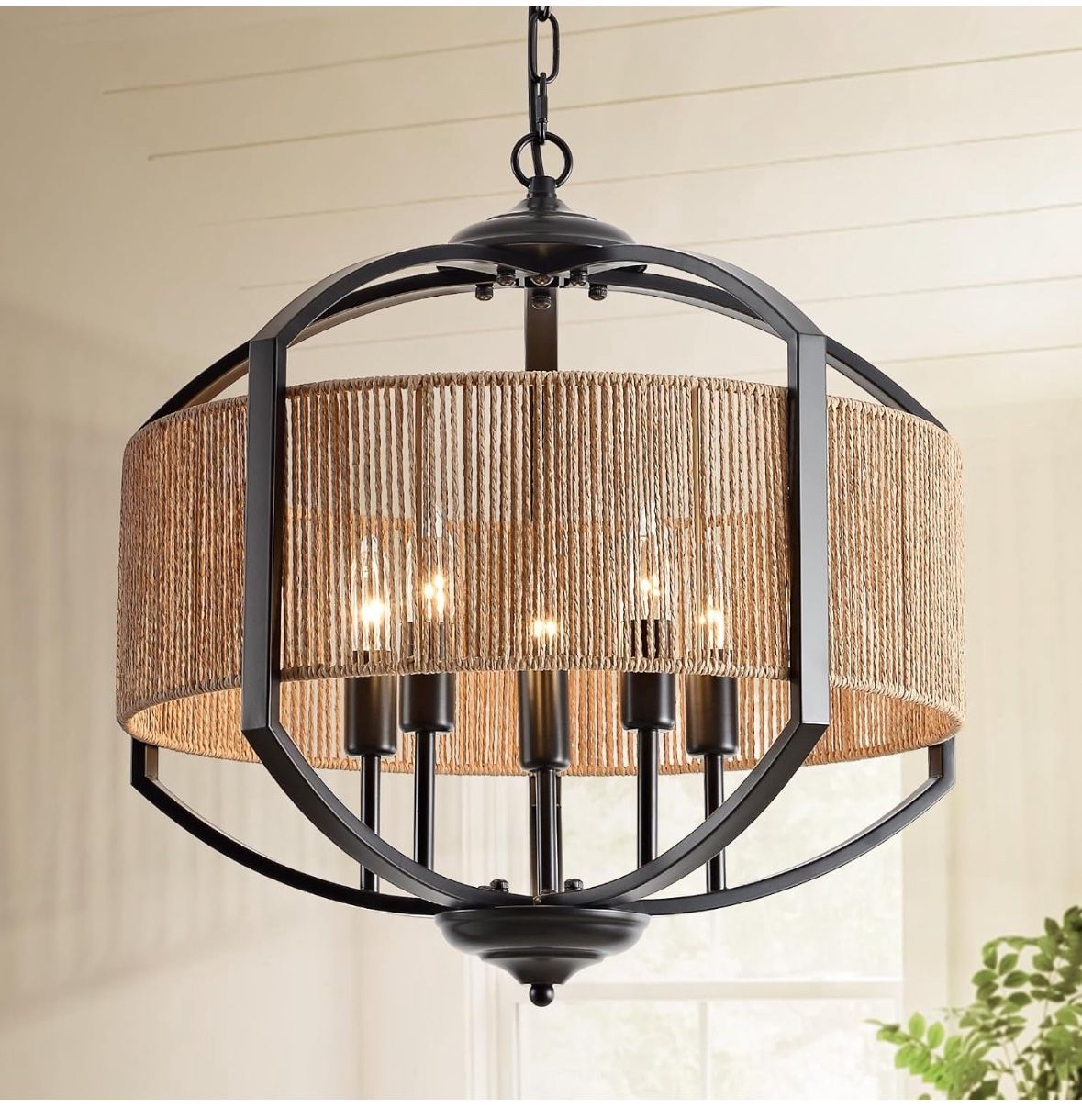 19.7" Rattan Chandelier 5-Light Modern Farmhouse Black Chandelier for Dining Room, Rattan Pendant Light with Wicker Shade, Coastal Hanging Ceiling lig