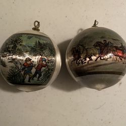 Christmas Currier And Ives Silk Ornaments, Vintage, Priced For Pair 