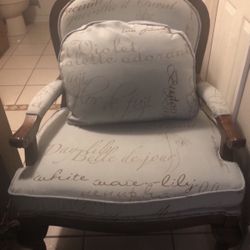 Blue Cushioned Wooden Chair 19 Inches High To The Front Cushion 40"Tall To Back Wood, 28 1/4 inches wide from seat handles 