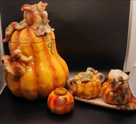 Ceramic Pumpkin Squirrel Cookie Jar Creamer,  Sugar, & Candle Holder Fall Decor Set